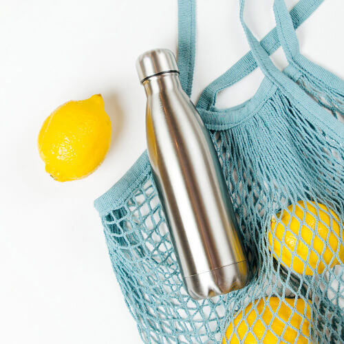 metal water bottle in bag